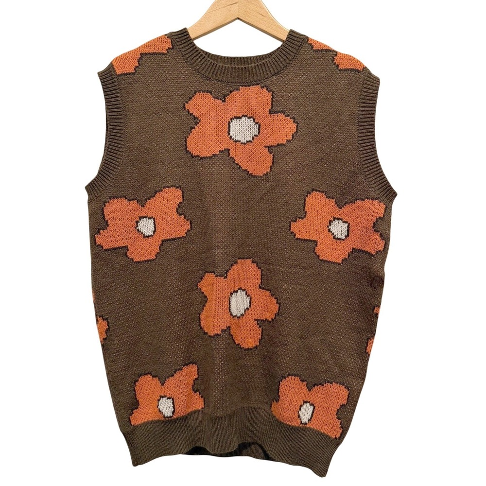 Super Massive Flower Power Mens Large Brown Sweater Vest Retro Indie